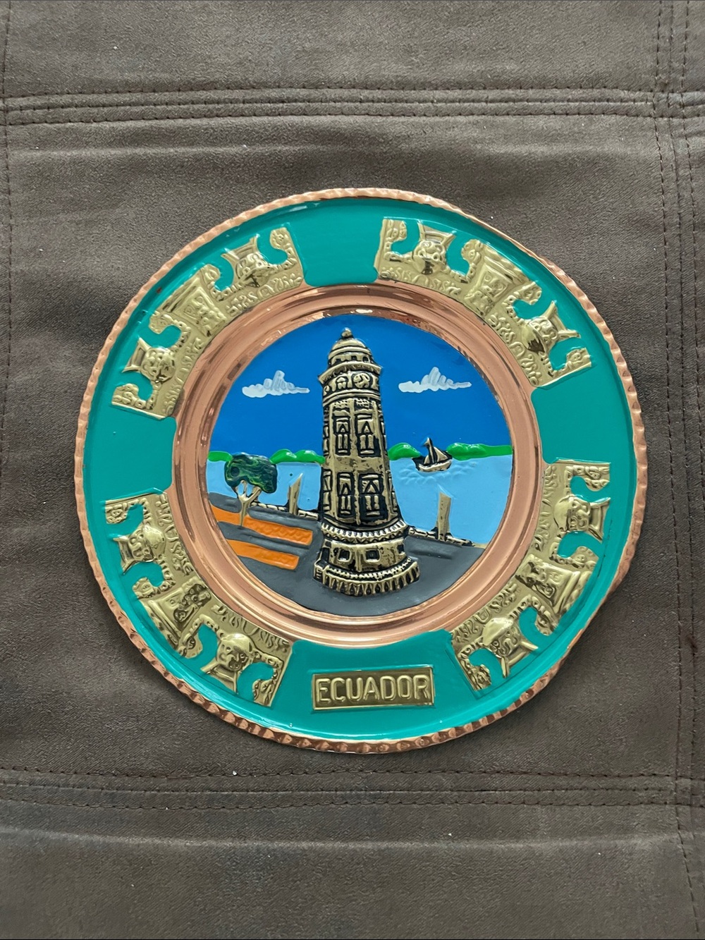 Ecuador Decorative Souvenir Plate with Teal and Gold Accents